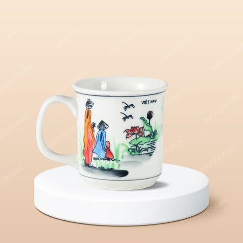 Ly sứ trụ miệng loe Du lịch Việt Nam vẽ tay in logo lưu niệm