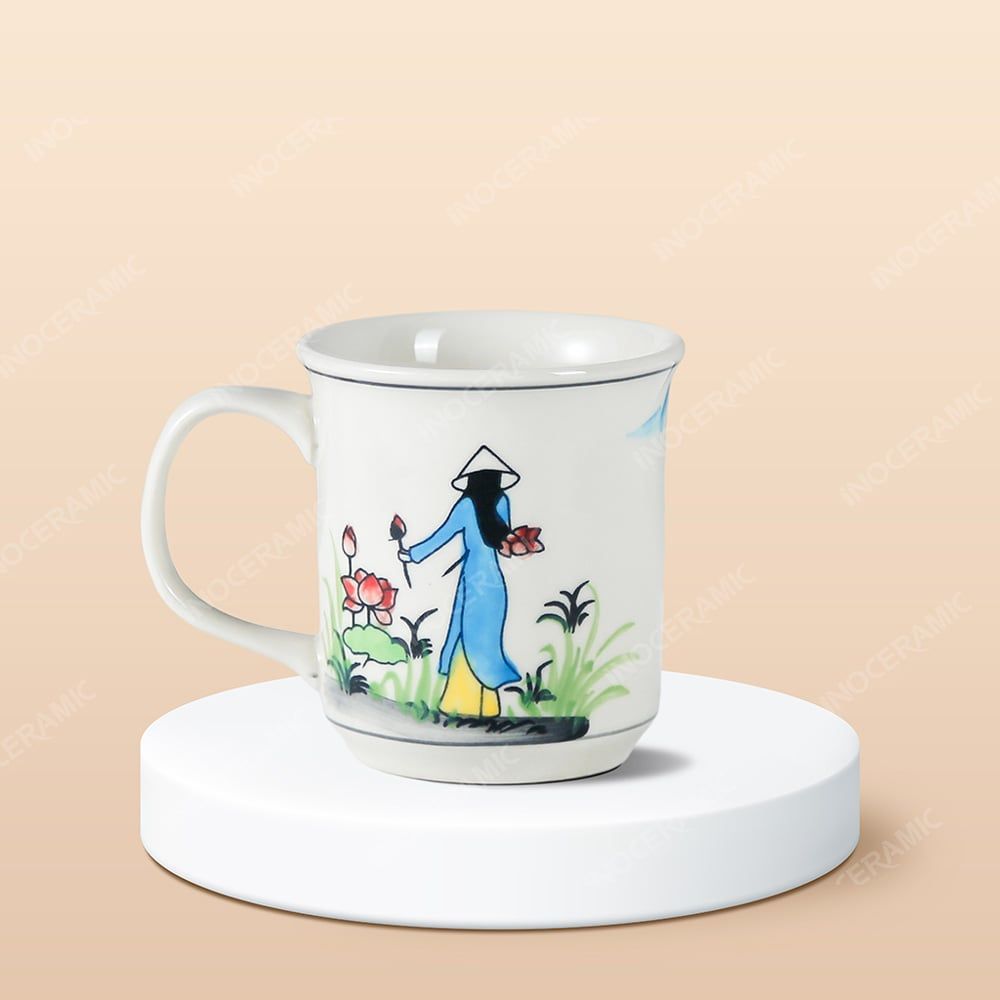 Ly sứ trụ miệng loe Du lịch Việt Nam vẽ tay in logo lưu niệm