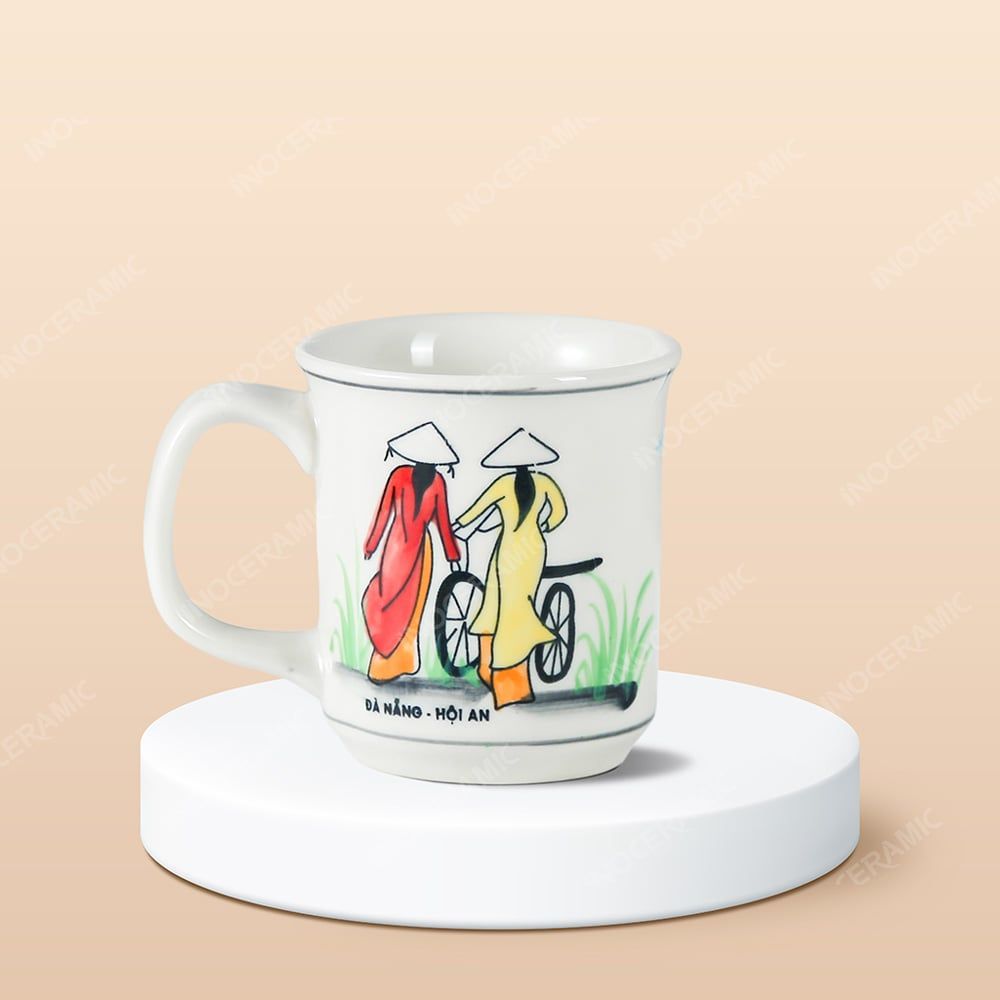 Ly sứ trụ miệng loe Du lịch Việt Nam vẽ tay in logo lưu niệm