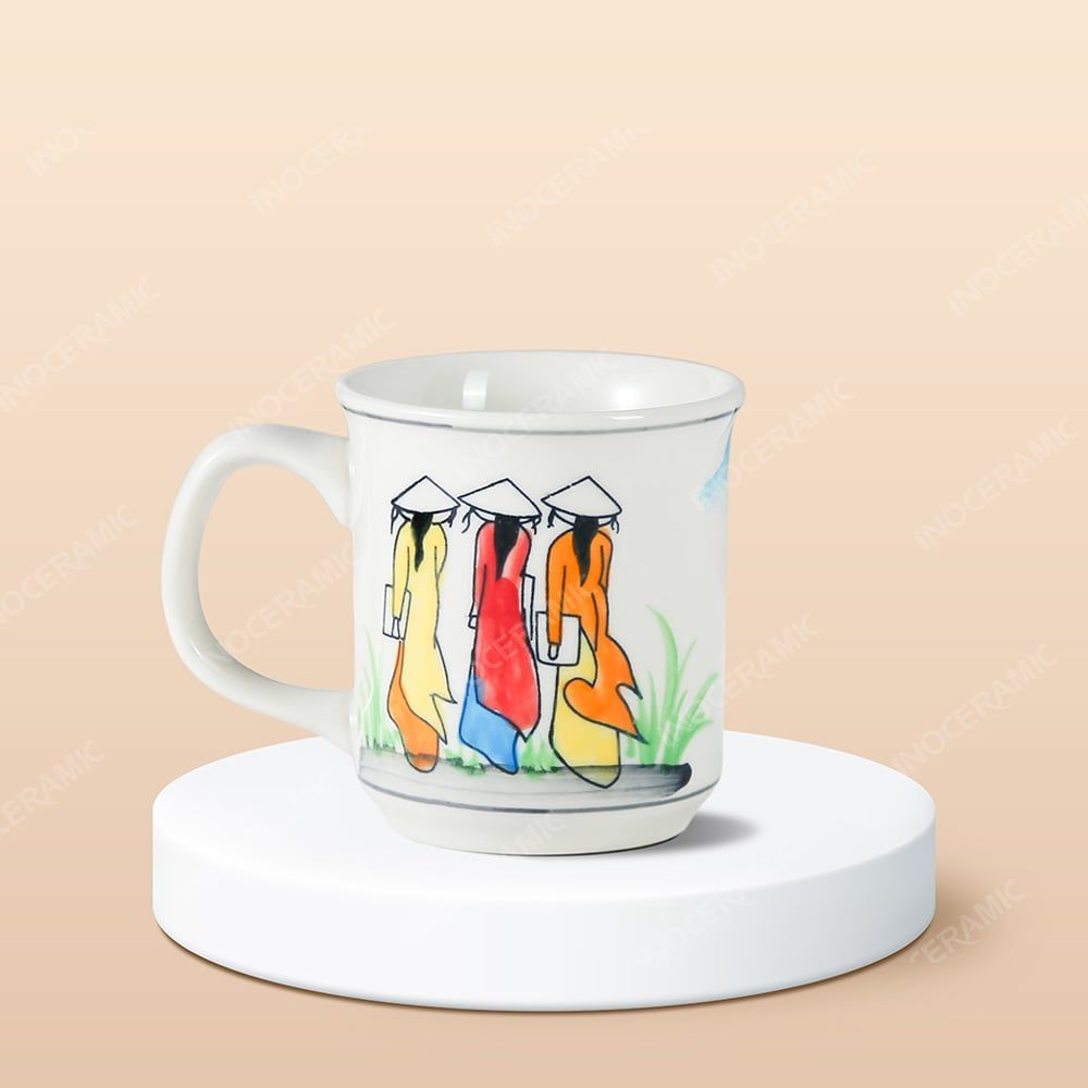 Ly sứ trụ miệng loe Du lịch Việt Nam vẽ tay in logo lưu niệm