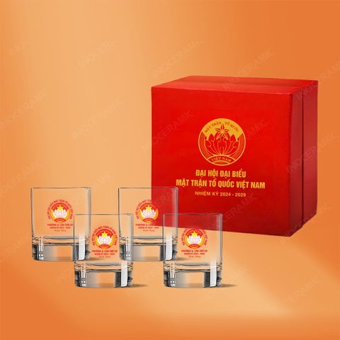 Bộ 4 ly thủy tinh lùn thủy tinh cao cấp in logo quà tặng Đại hội MTTQ