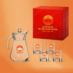 Bộ bình kèm 4 ly thủy tinh lùn cao cấp in logo Đại hội Mặt Trận Tổ Quốc