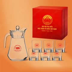 Bộ bình kèm 6 ly thủy tinh cao cấp in logo Đại hội Mặt Trận Tổ Quốc