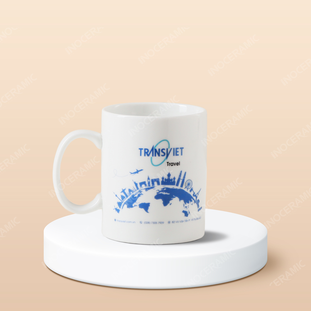 Ly sứ Bát Tràng - In logo công ty du lịch TransViet Travel