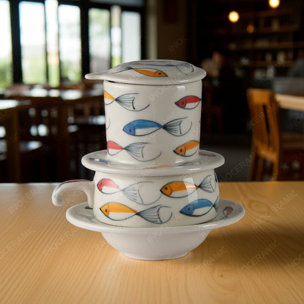 Bộ phin cà phê sứ thấp - Cá Guppy vẽ tay in logo