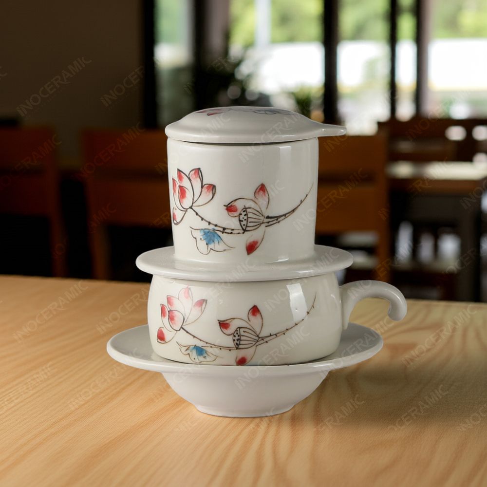Bộ phin cà phê sứ thấp - Sen màu vẽ tay in logo