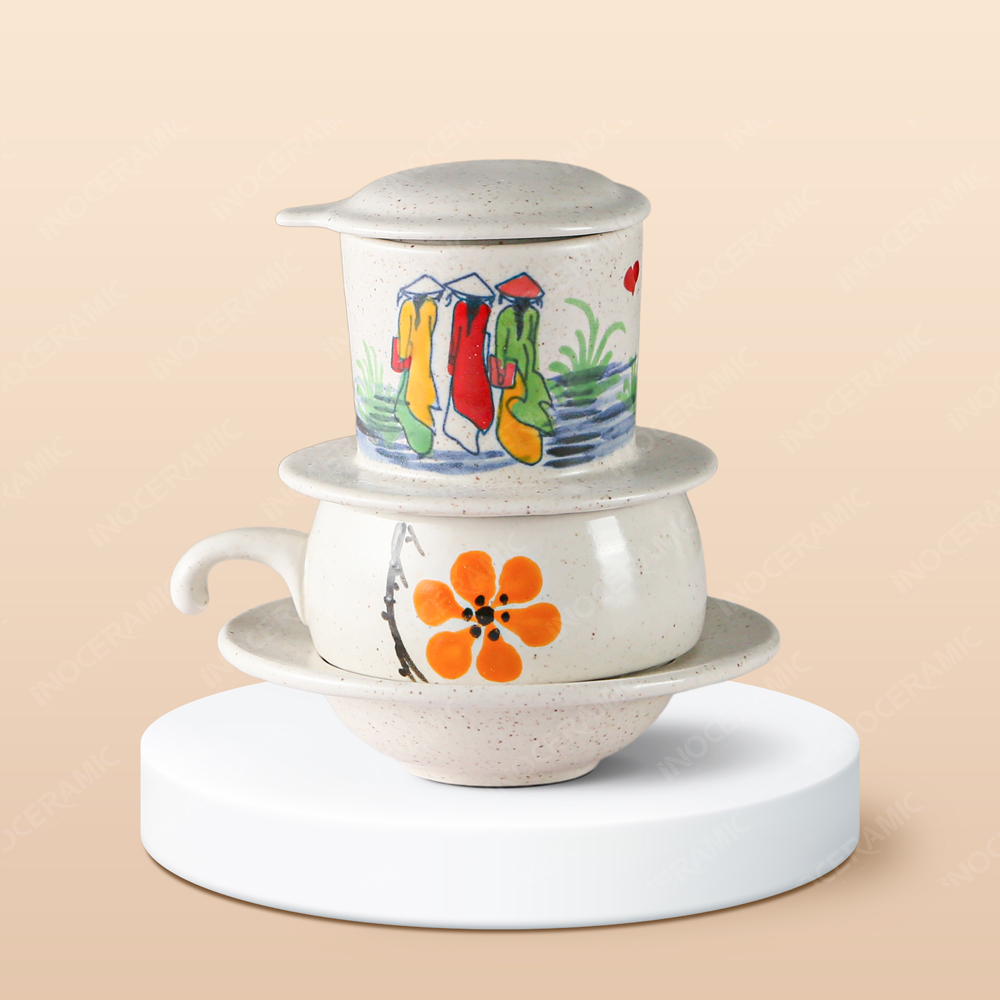 Bộ phin cà phê sứ thấp - Tôi yêu Việt Nam vẽ tay in logo