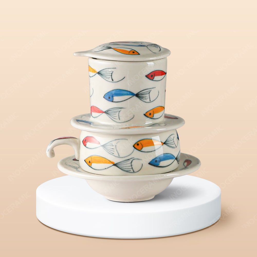 Bộ phin cà phê sứ thấp - Cá Guppy vẽ tay in logo