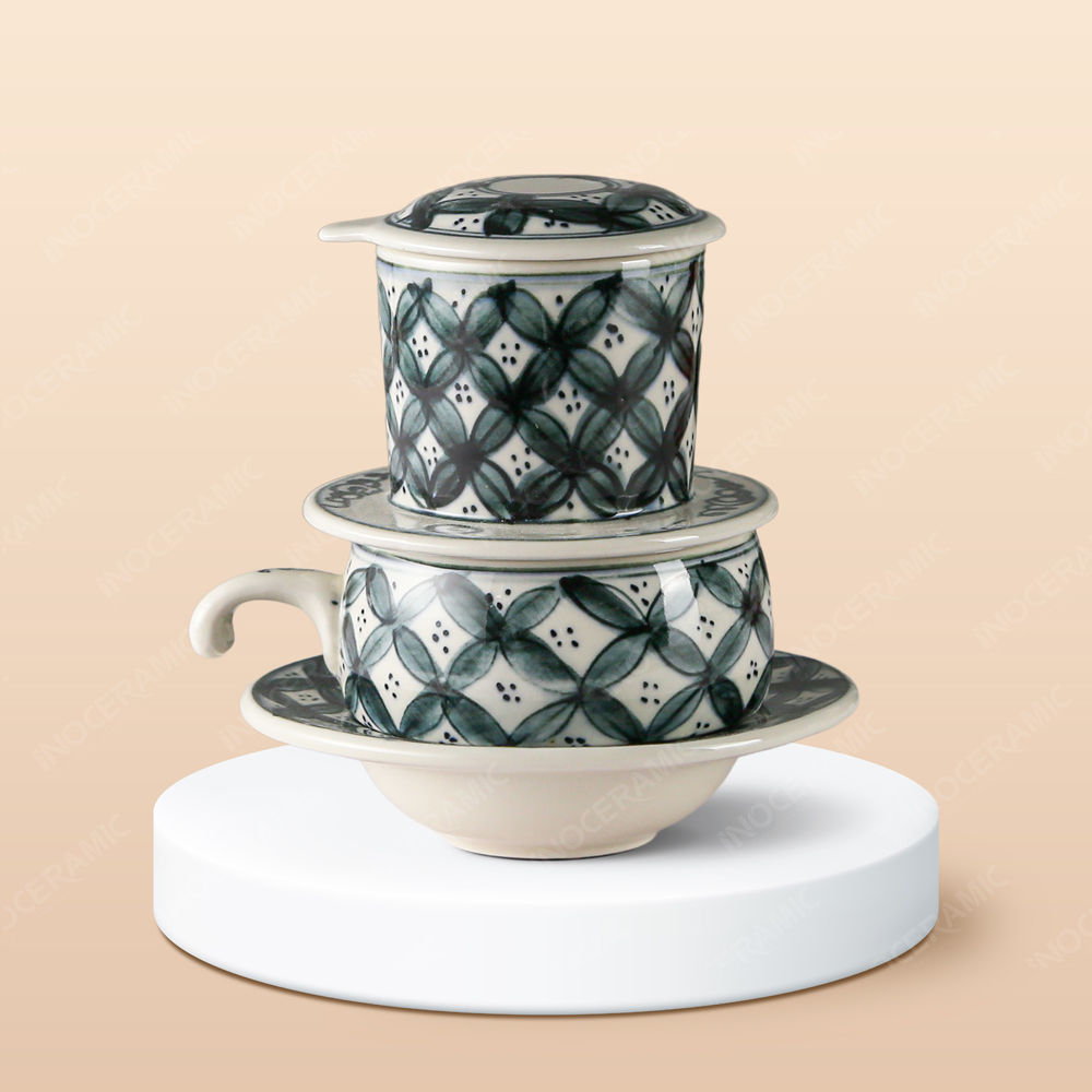 Bộ phin cà phê sứ thấp - Hoa chanh vẽ tay in logo