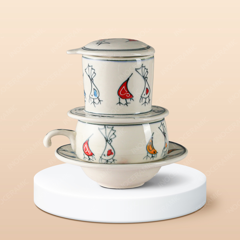 Bộ phin cà phê sứ thấp - Đôi chim vẽ tay in logo