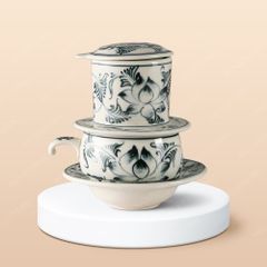 Bộ phin cà phê sứ thấp - Hoa sen đen vẽ tay in logo