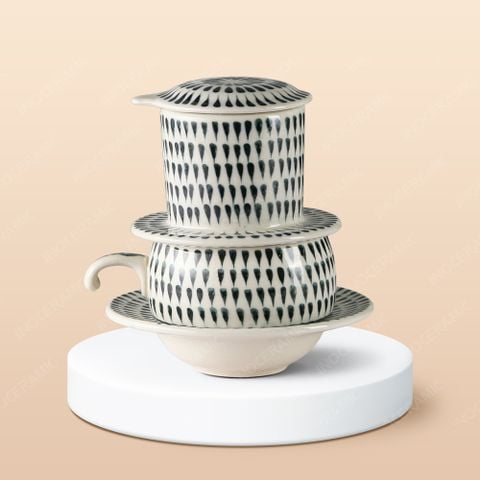 Bộ phin cà phê sứ thấp - Dấu mưa vẽ tay in logo
