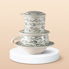 Bộ phin cà phê sứ thấp - Cá vẽ tay in logo