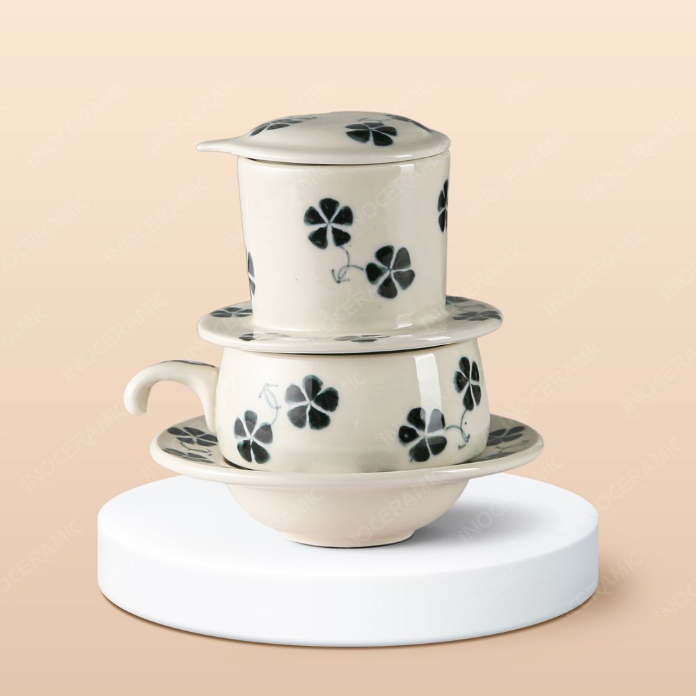 Bộ phin cà phê sứ thấp - Cỏ 5 lá vẽ tay in logo