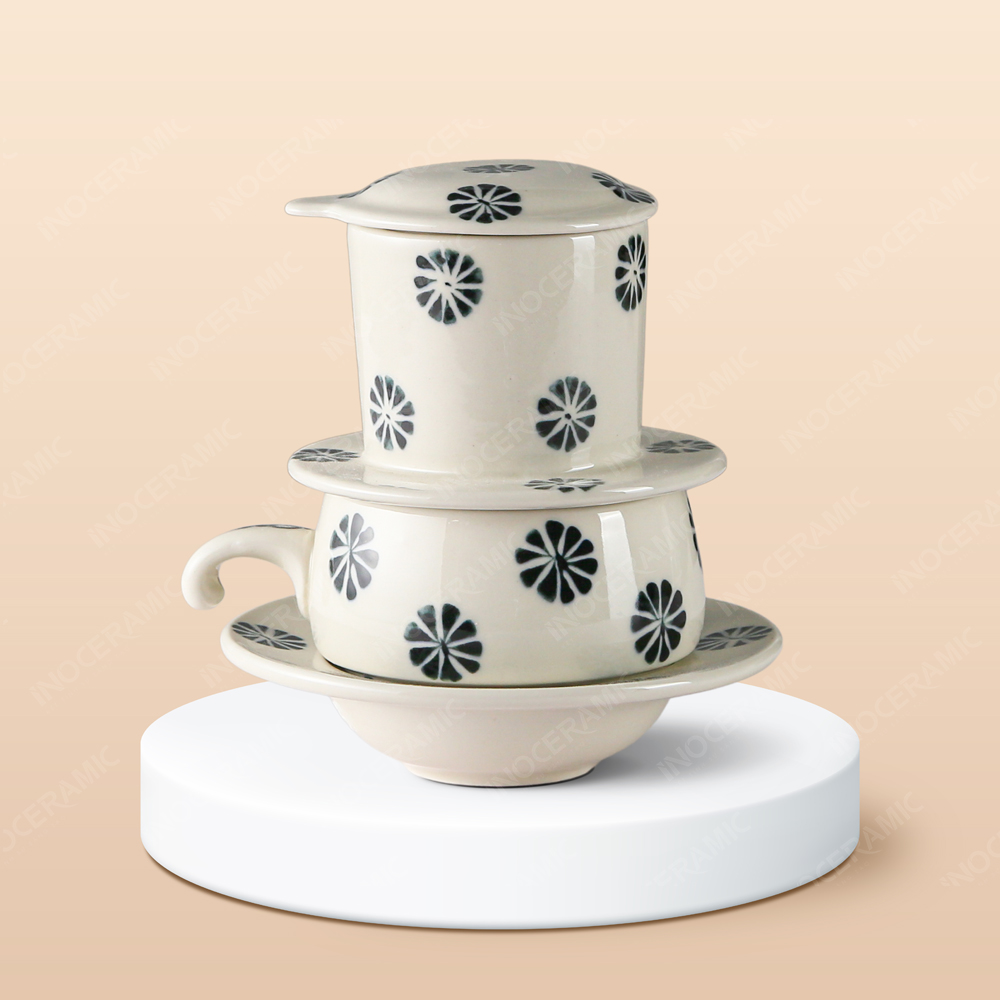 Bộ phin cà phê sứ thấp - Hoa cúc vẽ tay in logo