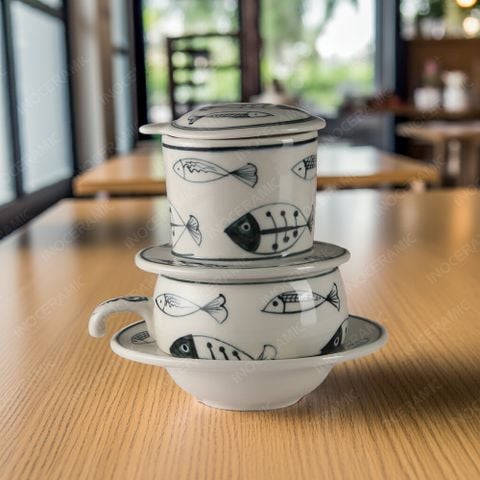 Bộ phin cà phê sứ thấp - Cá thuỷ tinh đen vẽ tay in logo