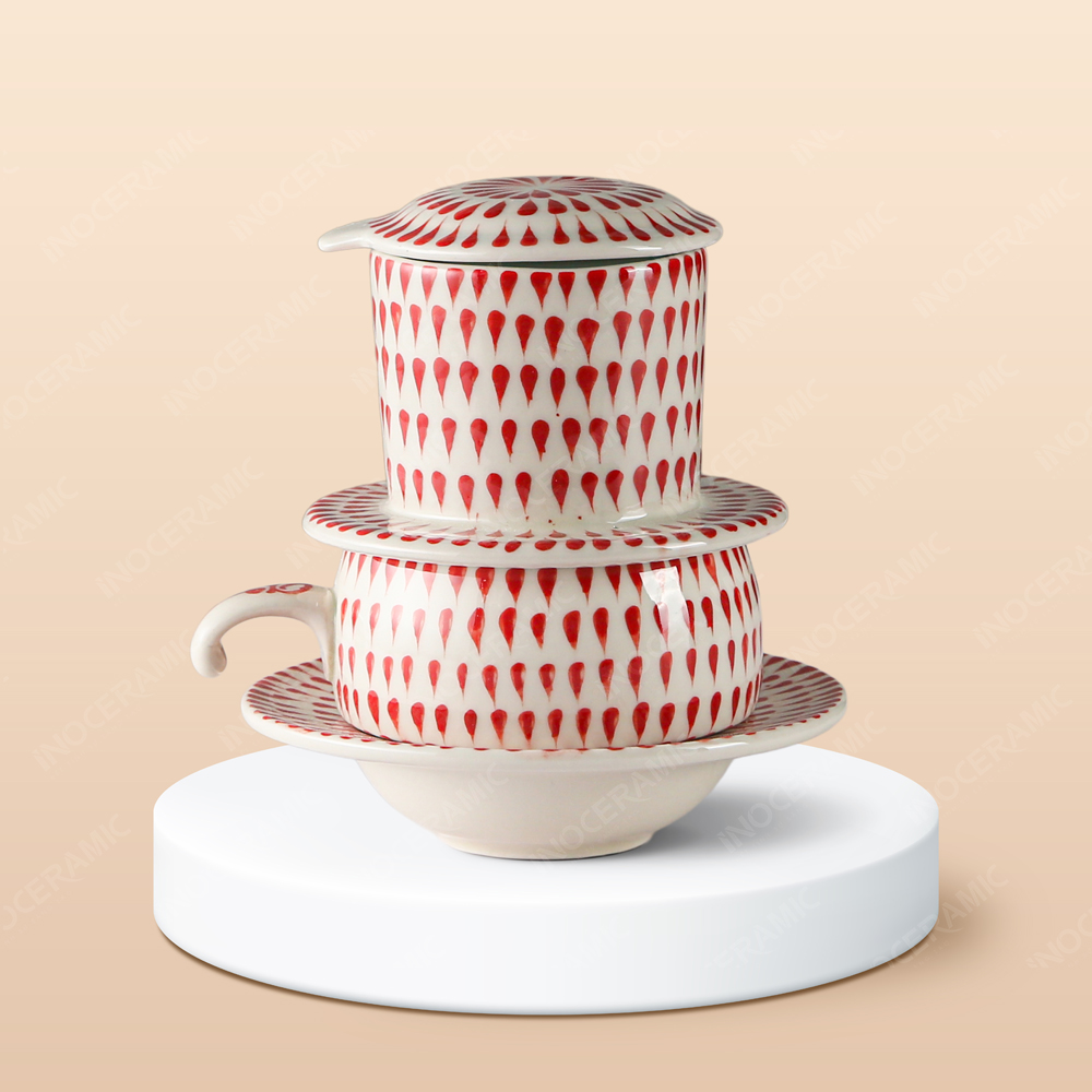 Bộ phin cà phê sứ thấp - Dấu mưa vẽ tay in logo