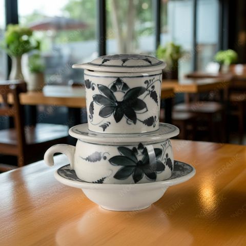 Bộ phin cà phê sứ thấp - Hoa mộc lan vẽ tay in logo