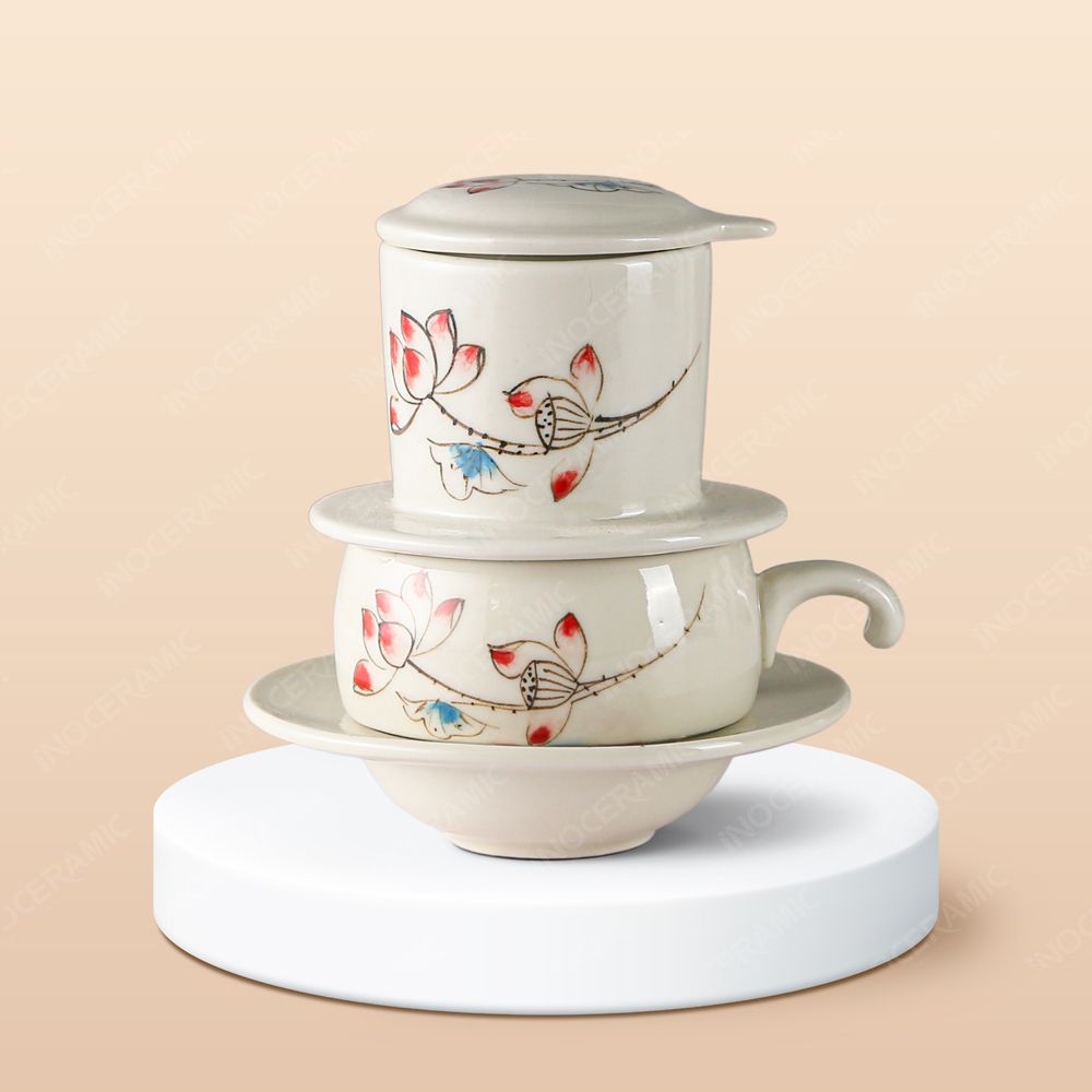 Bộ phin cà phê sứ thấp - Sen màu vẽ tay in logo