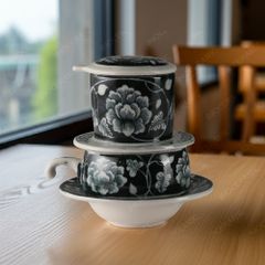 Bộ phin cà phê sứ thấp - Hoa mẫu đơn vẽ tay in logo
