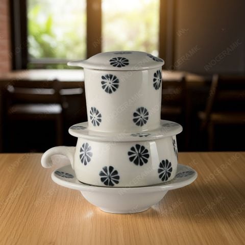 Bộ phin cà phê sứ thấp - Hoa cúc vẽ tay in logo