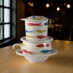 Bộ phin cà phê sứ thấp - Cá chép Nhật vẽ tay in logo