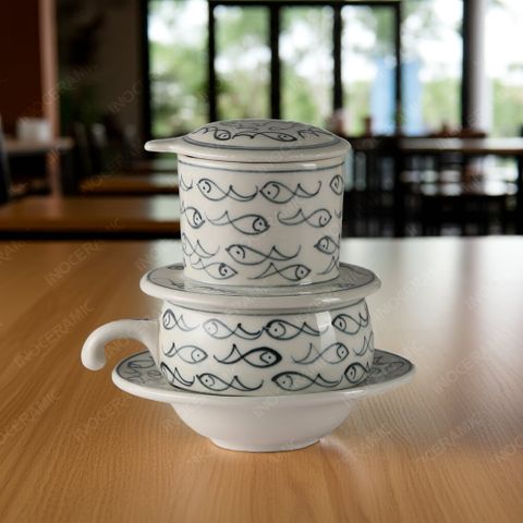 Bộ phin cà phê sứ thấp - Cá vẽ tay in logo