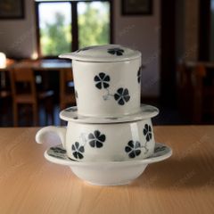 Bộ phin cà phê sứ thấp - Cỏ 5 lá vẽ tay in logo