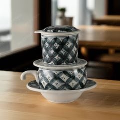 Bộ phin cà phê sứ thấp - Hoa chanh vẽ tay in logo