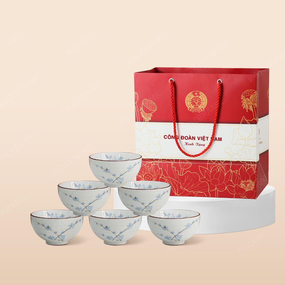 Quà tặng Công đoàn - Bộ 06 chén cơm men kem đào xanh in logo