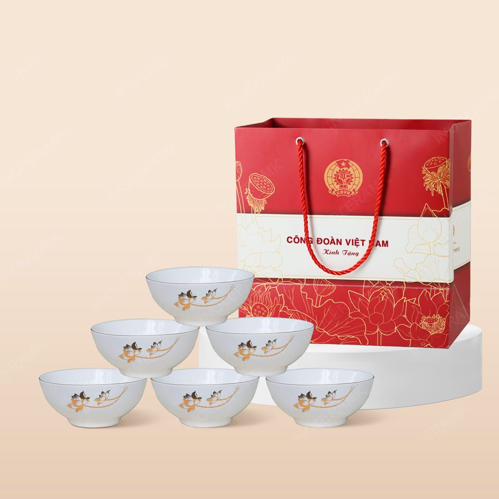 Quà tặng Công đoàn - Bộ 06 chén cơm sen vàng kẻ chỉ vàng in logo