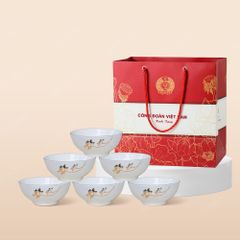Quà tặng Công đoàn - Bộ 06 chén cơm sen vàng kẻ chỉ vàng in logo