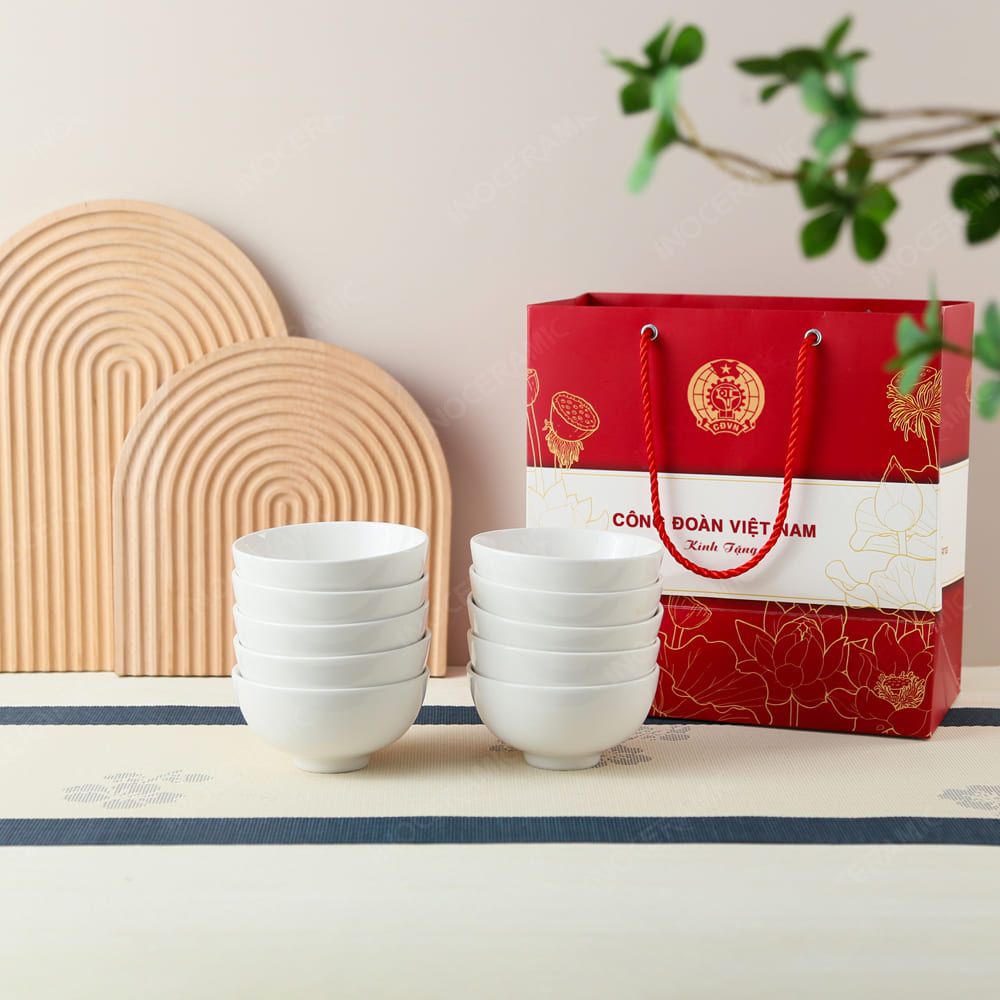 Quà tặng Công đoàn - Bộ 10 chén cơm sứ trắng in logo