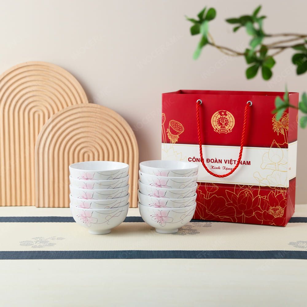 Quà tặng Công đoàn - Bộ 10 chén cơm hoa đào hồng in logo