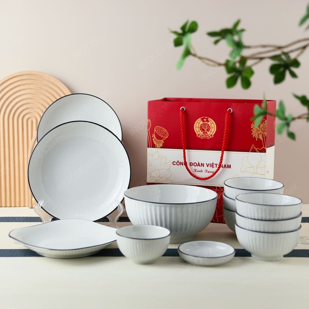 Quà tặng Công đoàn - Bộ bát đĩa 12 món men sứ trắng in logo