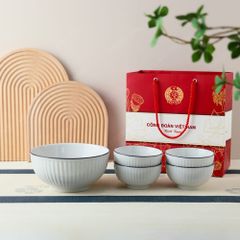 Quà tặng Công đoàn - Bộ 4 chén cơm kèm tô sọc kẻ chỉ men sứ trắng in logo