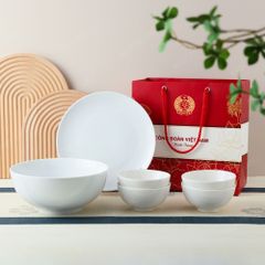 Quà tặng Công đoàn - Bộ bát đĩa 6 món men sứ trắng in logo