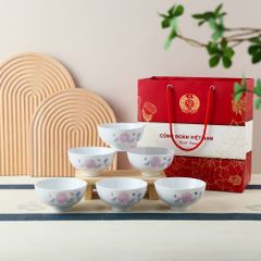 Quà tặng Công đoàn - Bộ 6 chén cơm hoa sơn trà in logo