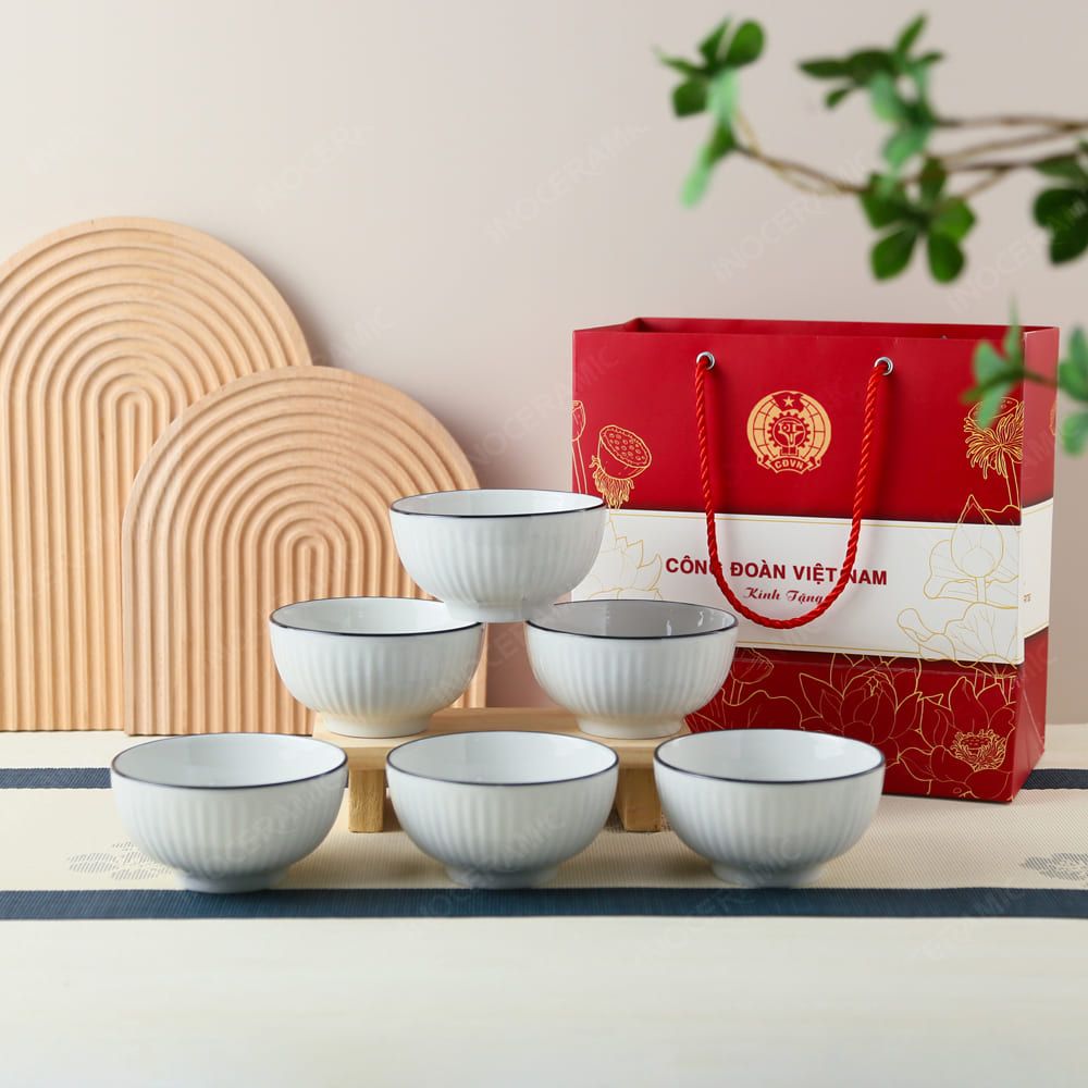 Quà tặng Công đoàn - Bộ 6 chén cơm men sứ trắng sọc kẻ chỉ in logo