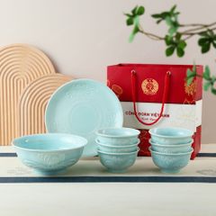 Quà tặng Công đoàn - Bộ bát đĩa 8 món men ngọc in logo