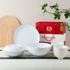 Quà tặng Công đoàn - Bộ bát đĩa 9 món sứ trắng in logo
