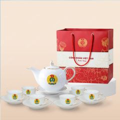 Quà tặng Công đoàn - Bộ ấm trà Mẫu Đơn trắng kẻ chỉ vàng in logo