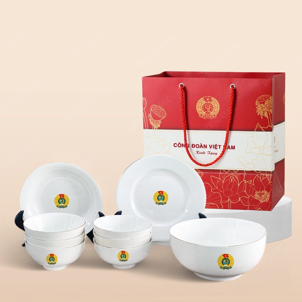 Quà tặng Công đoàn - Bộ bàn ăn trắng 9 món kẻ chỉ vàng in logo