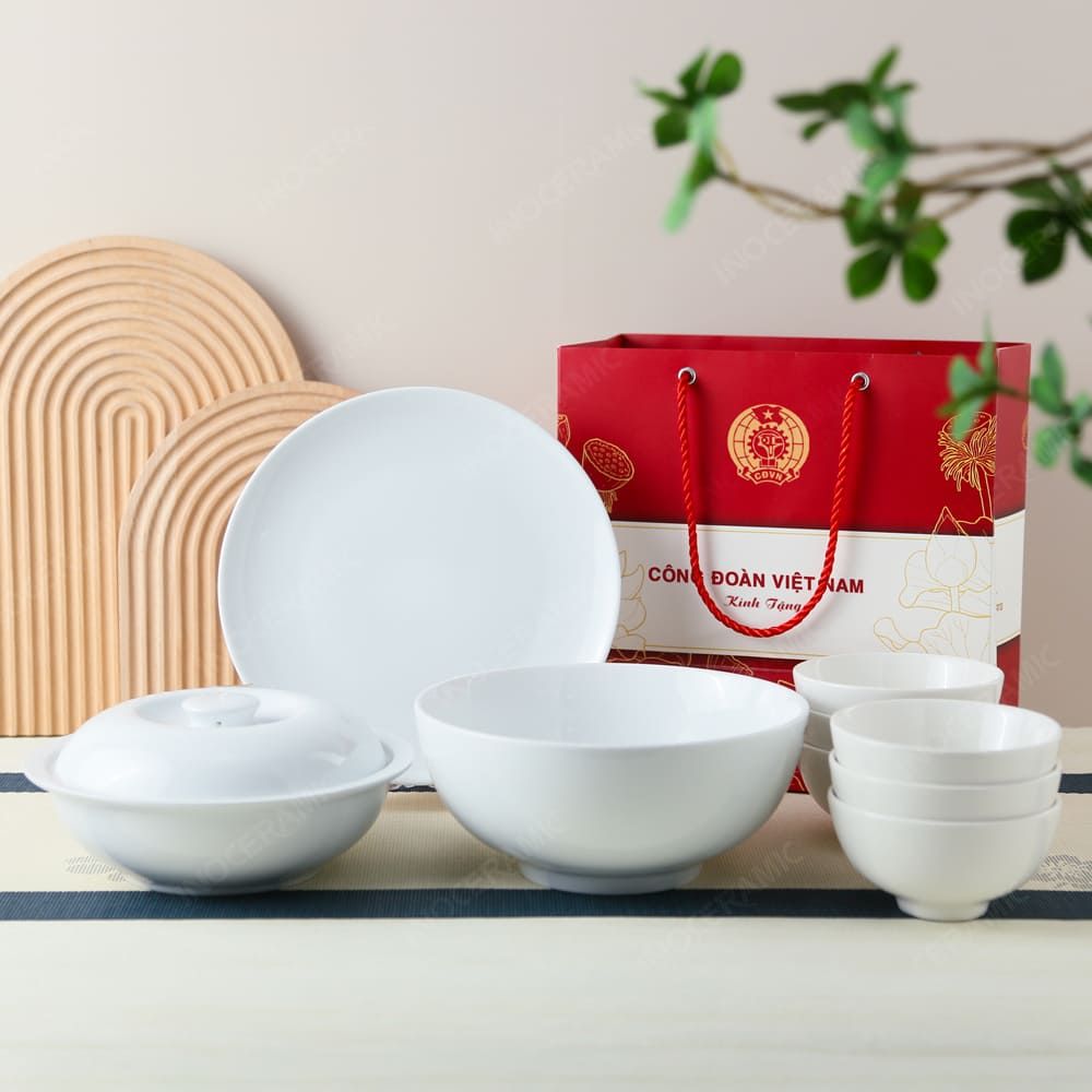 Quà tặng Công đoàn - Bộ bát đĩa 9 món men sứ trắng in logo