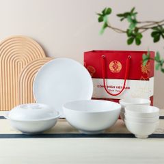 Quà tặng Công đoàn - Bộ bát đĩa 9 món men sứ trắng in logo