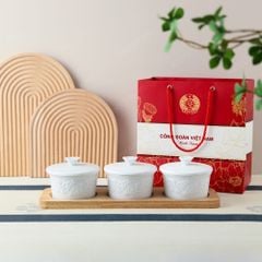 Quà tặng Công đoàn - Bộ 03 hũ mứt Tết hoa đào khắc men sứ trắng