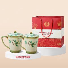 Quà tặng Công đoàn - Giftset 02 ly sứ có nắp vẽ trúc in logo