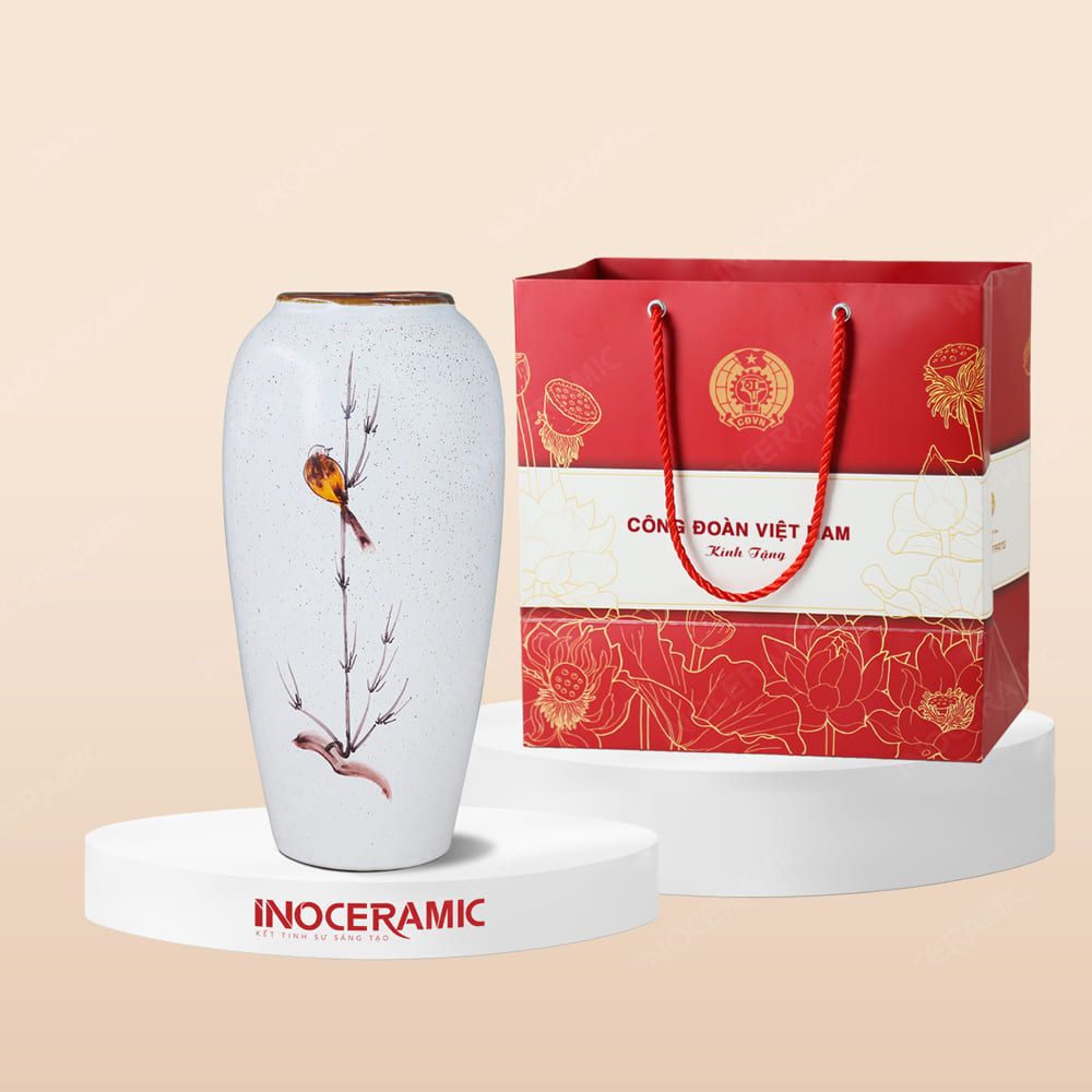 Quà tặng Công đoàn - Lọ hoa men chấm chim oanh in logo