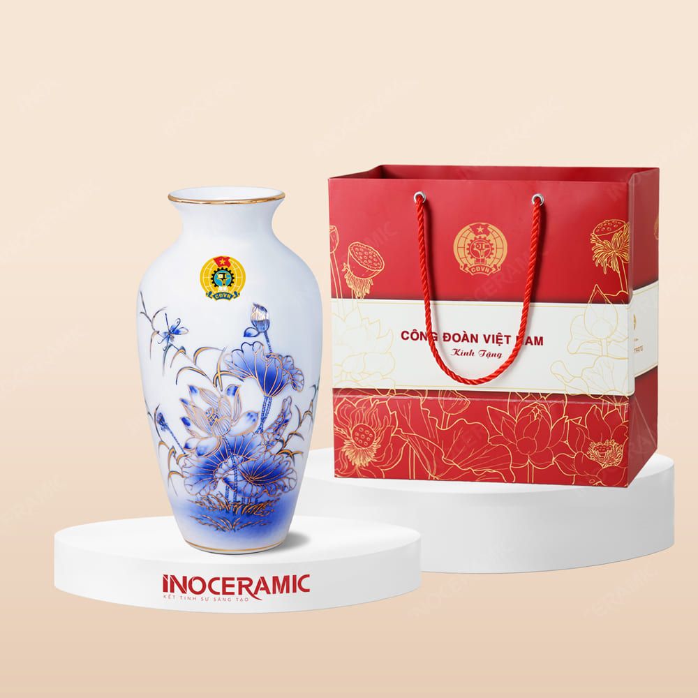 Quà tặng Công đoàn - Lọ hoa vẽ sen xanh chỉ vàng H27