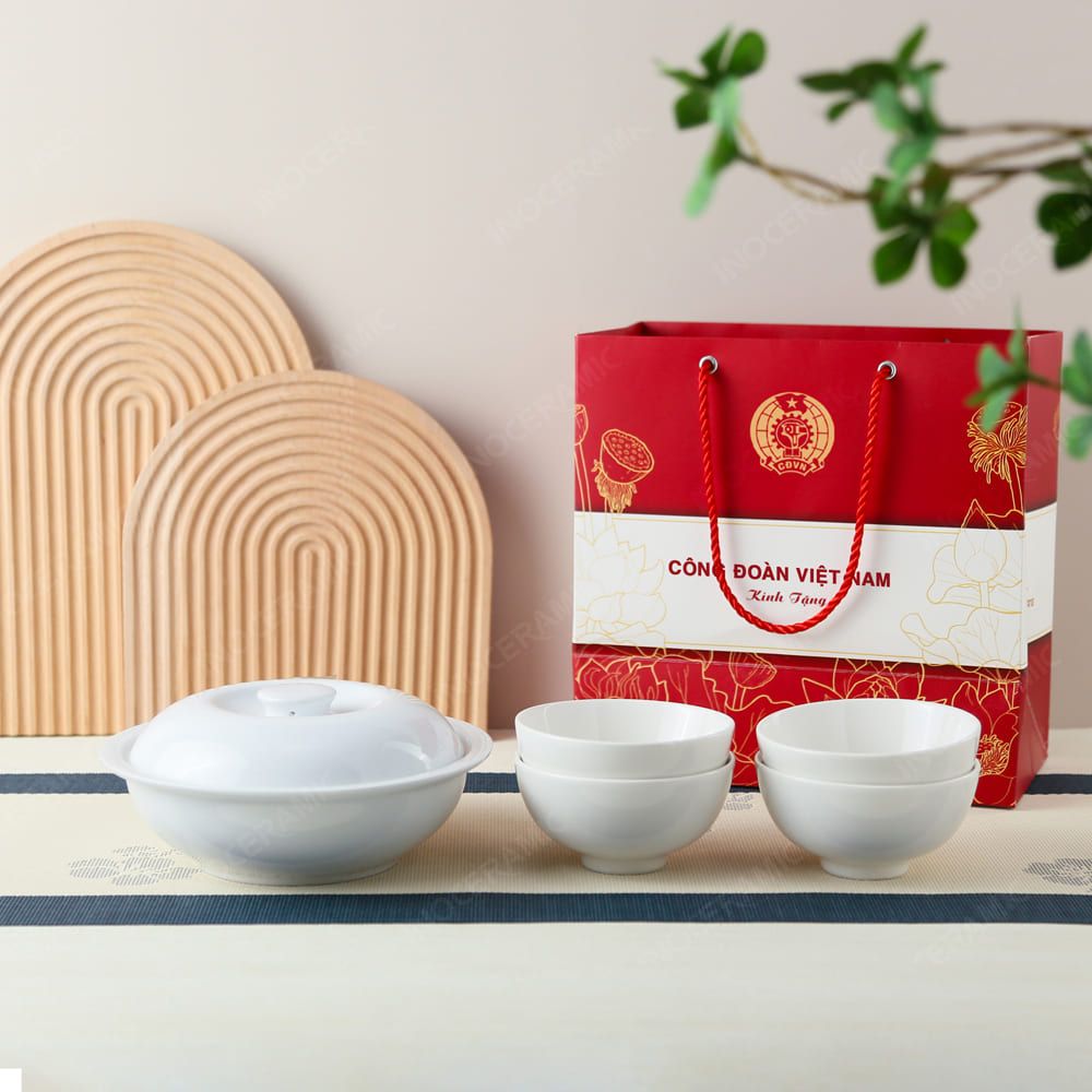 Quà tặng Công đoàn - Liễn (thố) cơm kèm 4 chén cơm sứ trắng in logo
